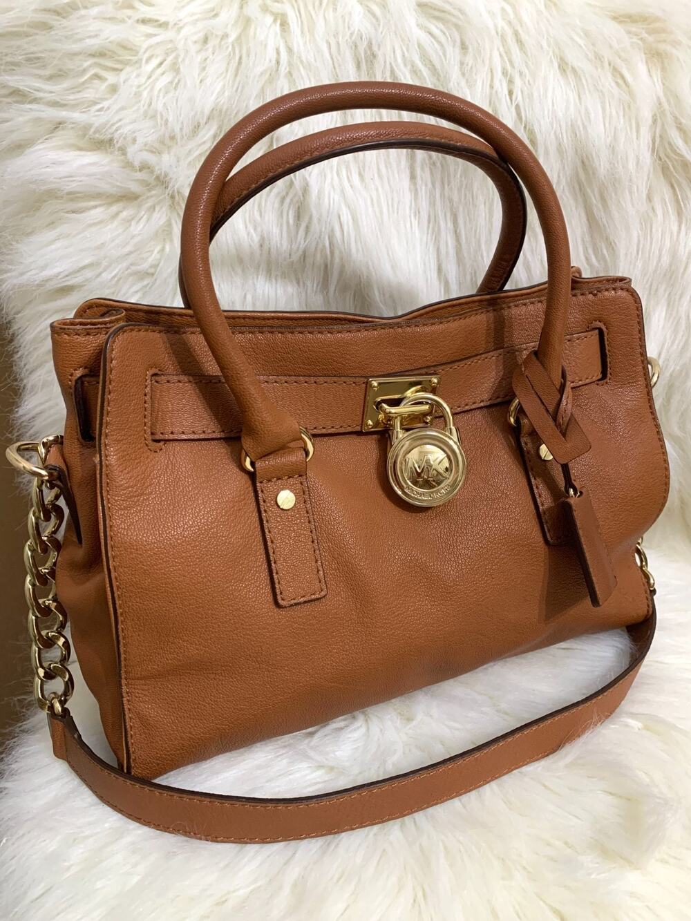 MICHAEL KORS Luggage Tan Pebbled Leather Vintage HAMILTON Lock Satchel - MINT!